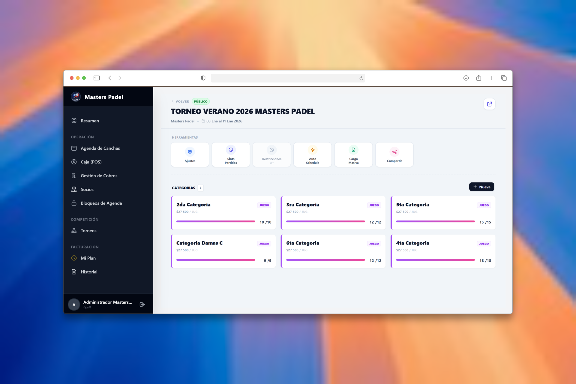 Dashboard Desafío Padel